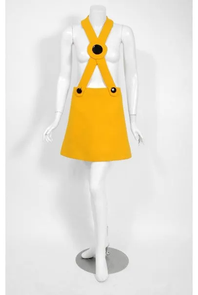 1969 Pierre Cardin Yellow Wool & Black Patent Bullseye Mod Target Pinafore Dress