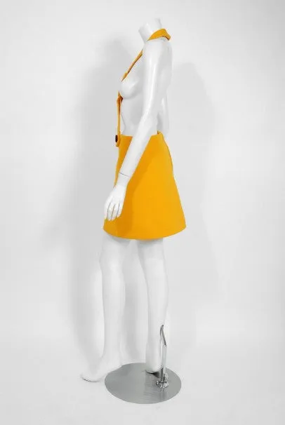 1969 Pierre Cardin Yellow Wool & Black Patent Bullseye Mod Target Pinafore Dress