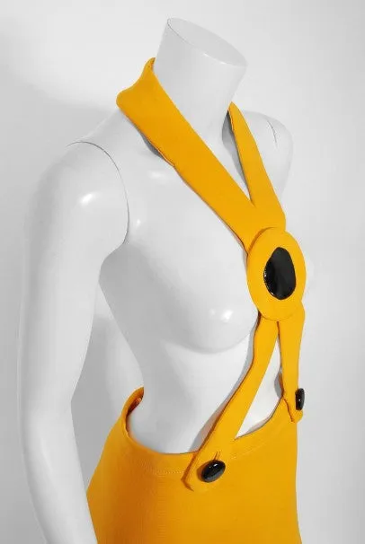 1969 Pierre Cardin Yellow Wool & Black Patent Bullseye Mod Target Pinafore Dress