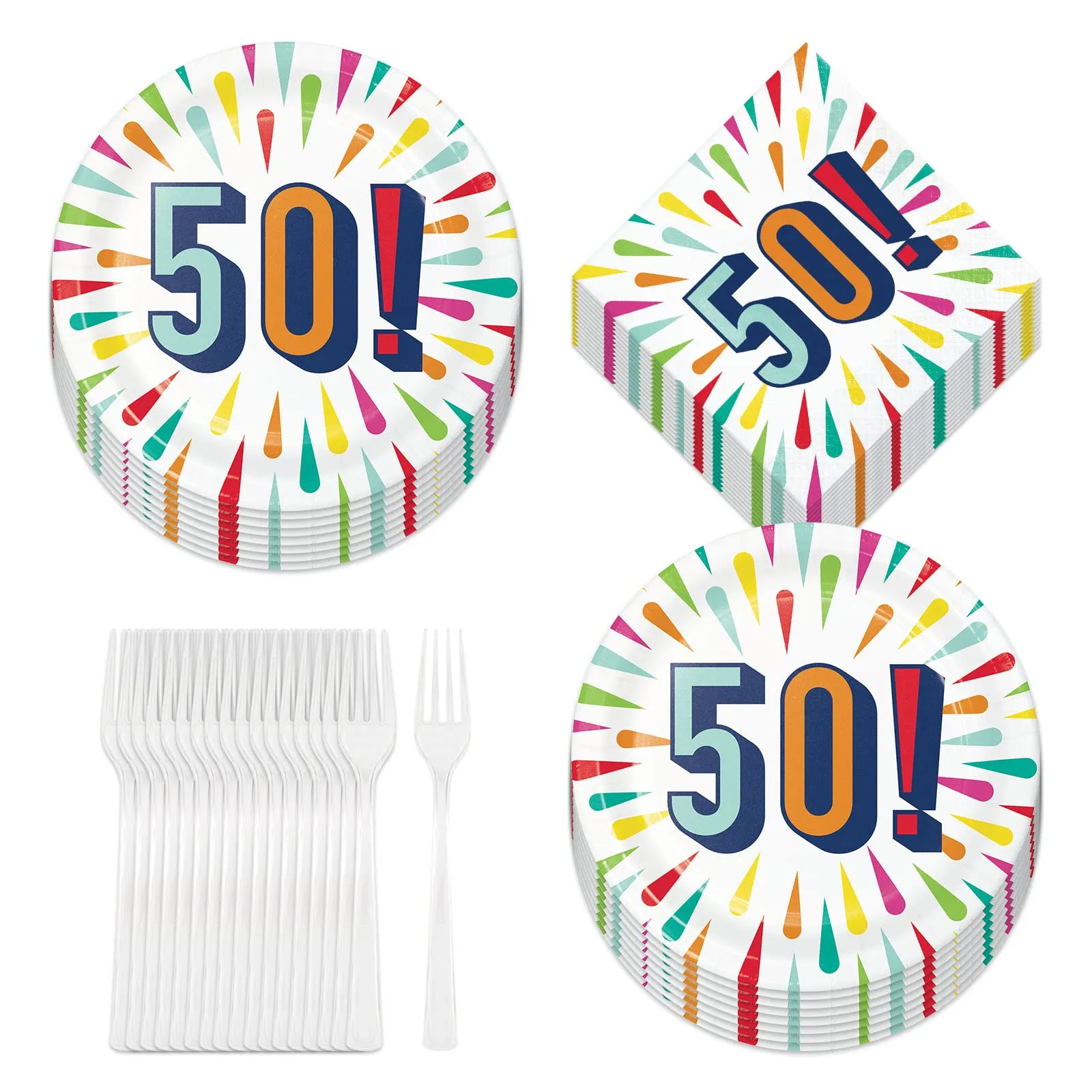 Happy 50th Birthday Burst Paper Dessert Plates and Napkins (Serves 16)