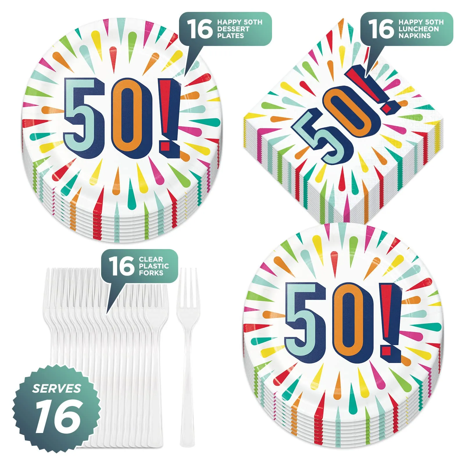 Happy 50th Birthday Burst Paper Dessert Plates and Napkins (Serves 16)