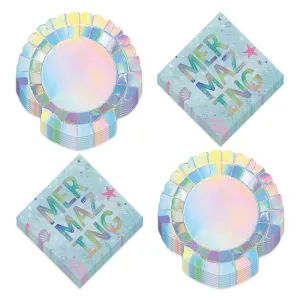 Mermaid Party Shell Shaped Iridescent Paper Plates and Metallic Beverage Napkins (Serves 16)