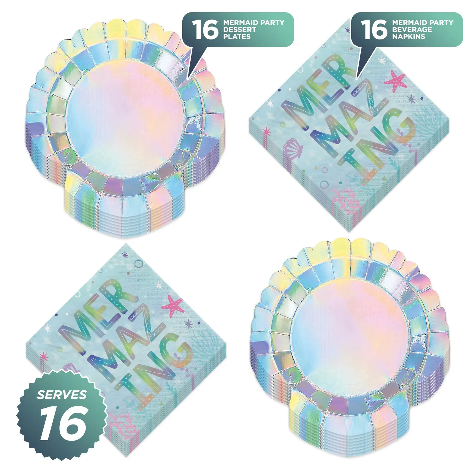 Mermaid Party Shell Shaped Iridescent Paper Plates and Metallic Beverage Napkins (Serves 16)