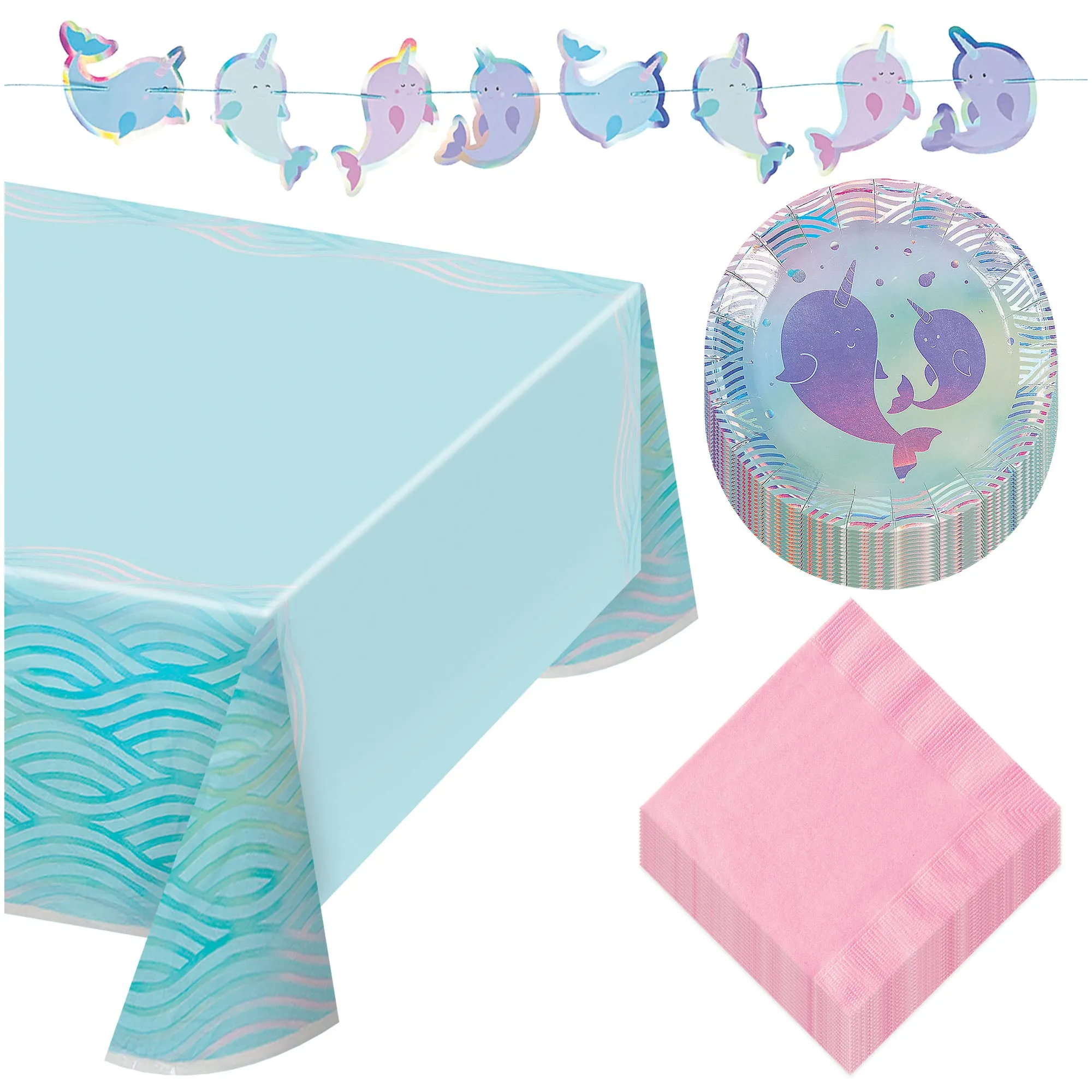 Narwhal Party Pack - Iridescent Paper Dessert Plates, Napkins, Table Cover, and Garland Set (16 Plates & Napkins)