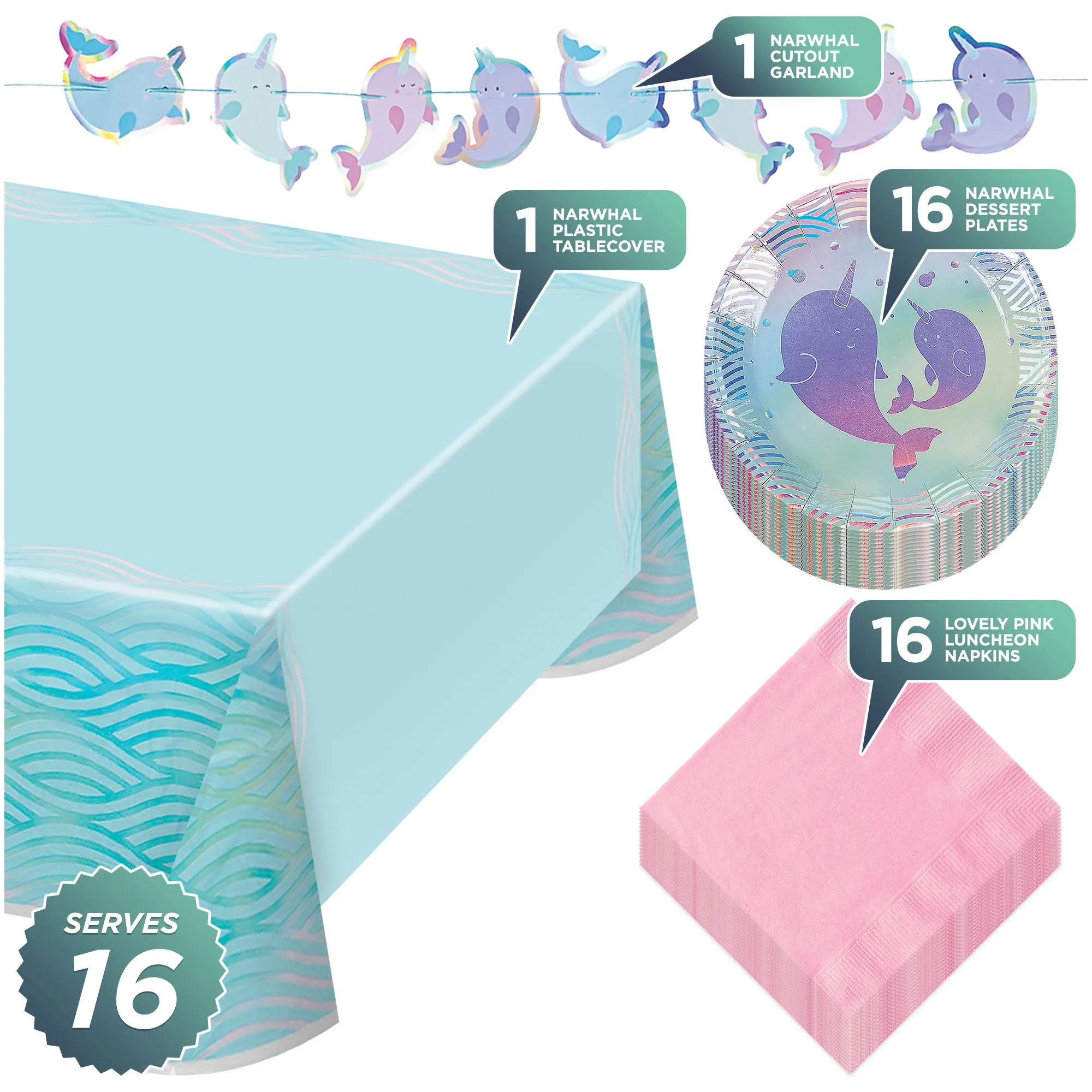 Narwhal Party Pack - Iridescent Paper Dessert Plates, Napkins, Table Cover, and Garland Set (16 Plates & Napkins)