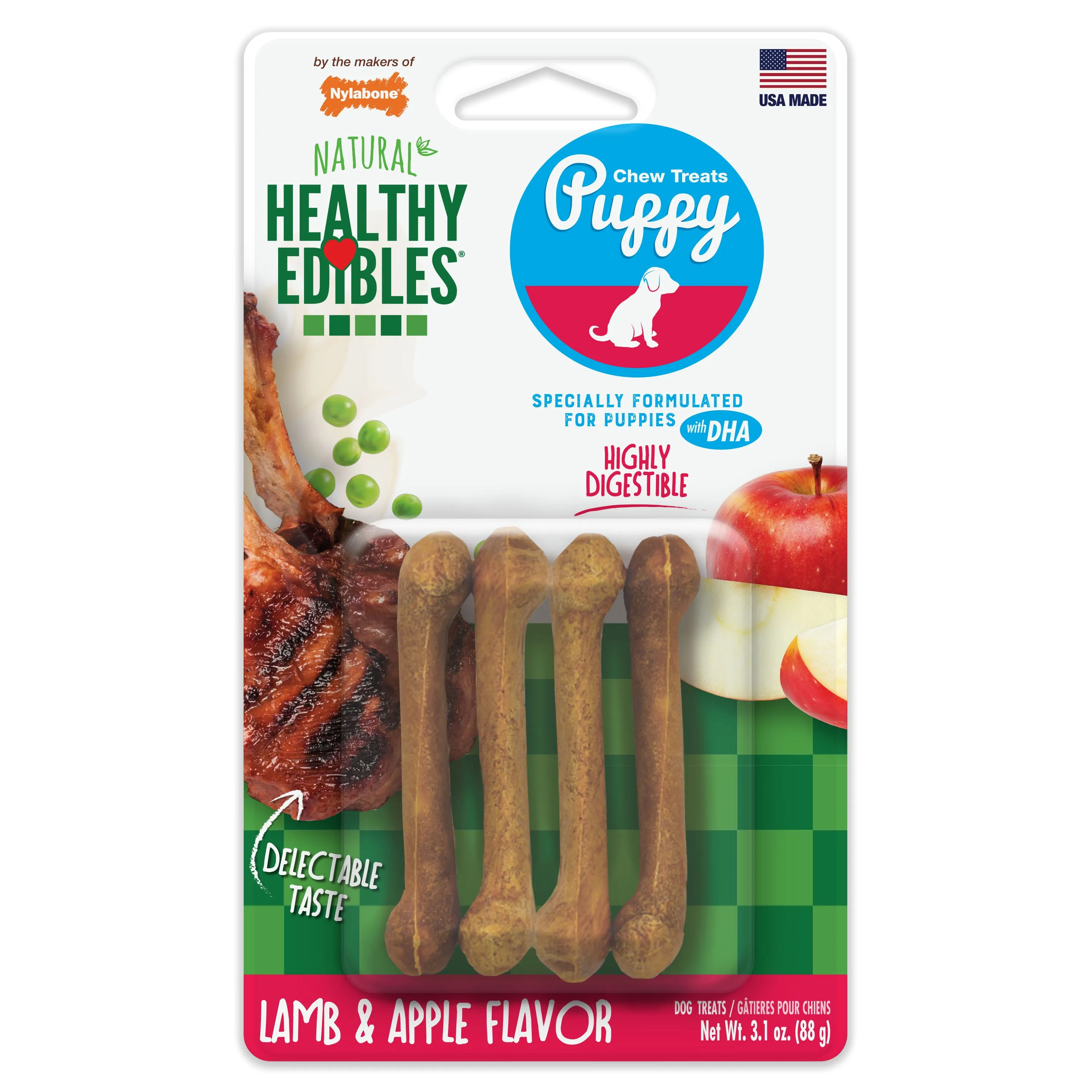 Nylabone Healthy Edibles Puppy Natural Long Lasting Dog Chew Treats Lamb & Apple Lamb & Apple X-Small/Petite (4 Count)