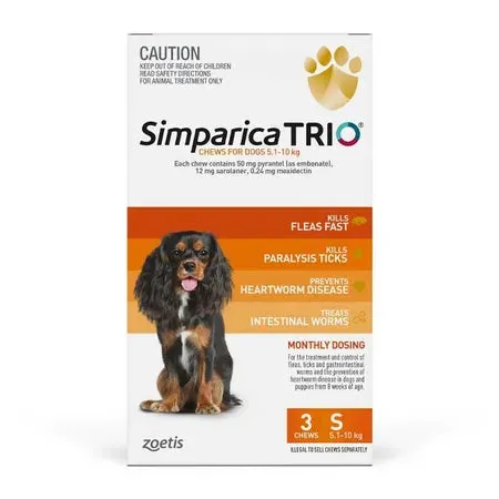 SIMPARICA TRIO ORANGE chews for dogs 5.1~10kg - Heartworm & Worming   Flea & Tick Protection